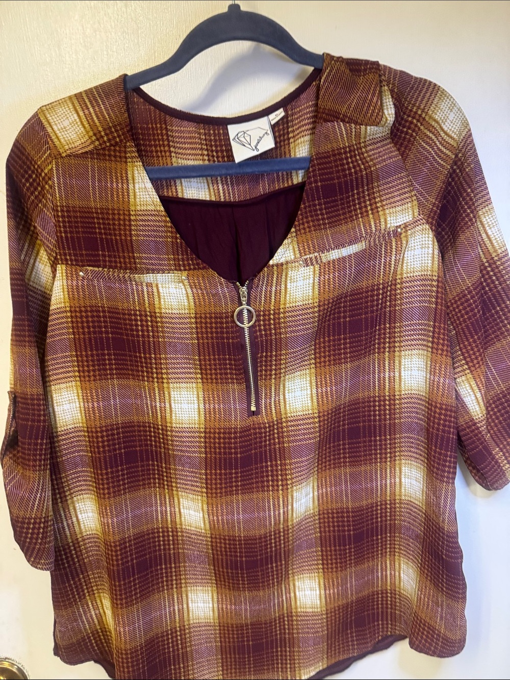 Janet Chung Plaid Zip-Front Women's Top in Burgundy and Mustard
